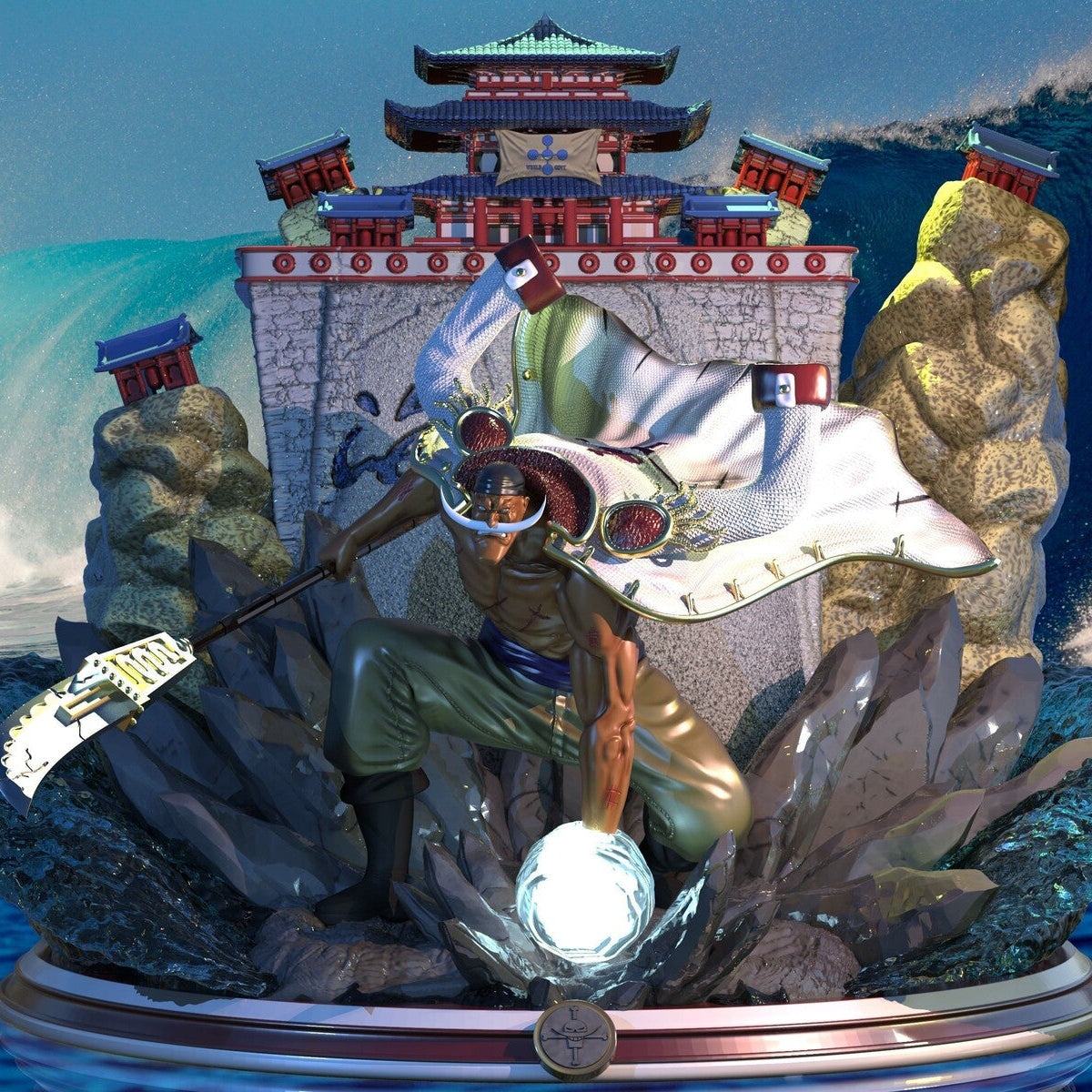 Statue of a warrior with a castle-like structure in the background, surrounded by water.