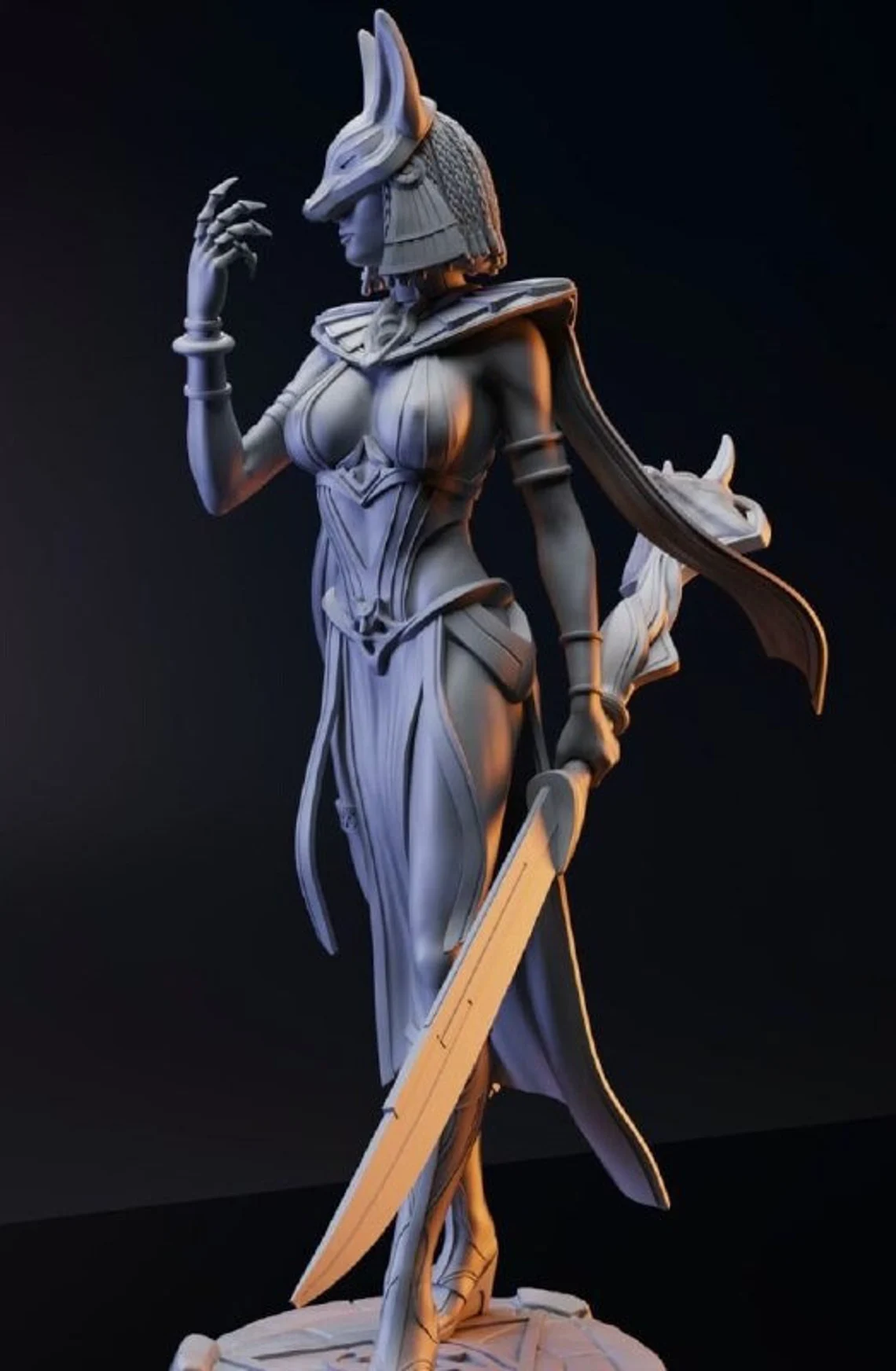 Statue of a warrior-like figure with helmet and sword on a dark background