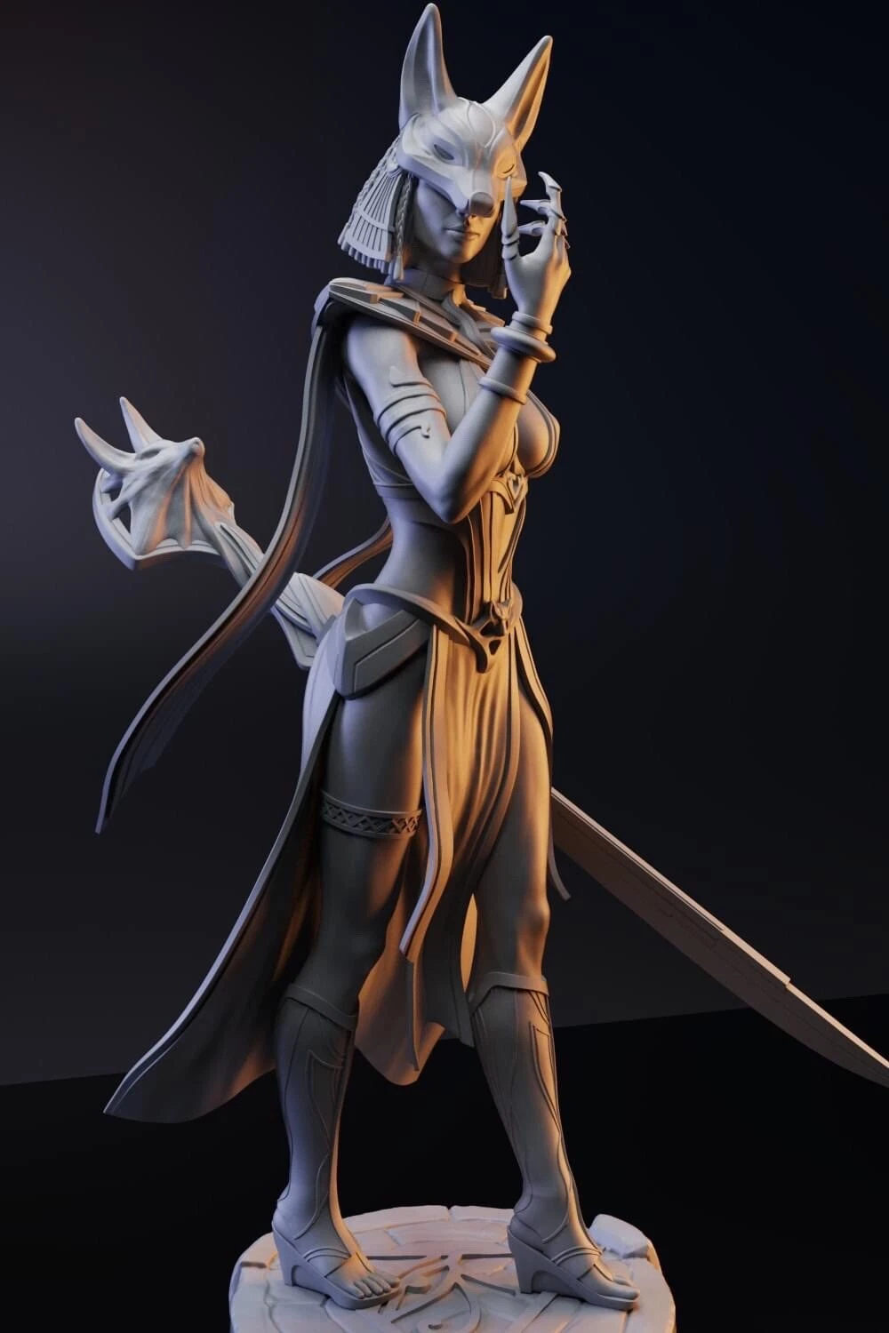 Statue of a fantasy character with a dark background
