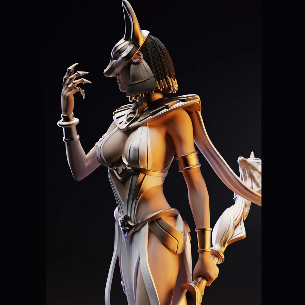 Statue of a figure in Egyptian-style attire with gold and white colors on a black background