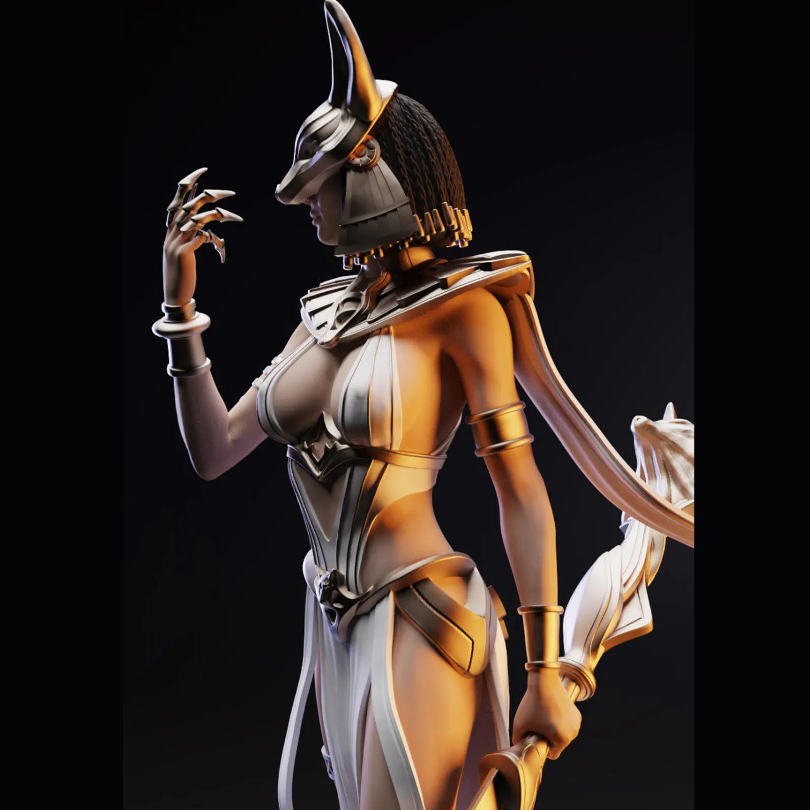 Statue of a figure in Egyptian-style attire with gold and white colors on a black background