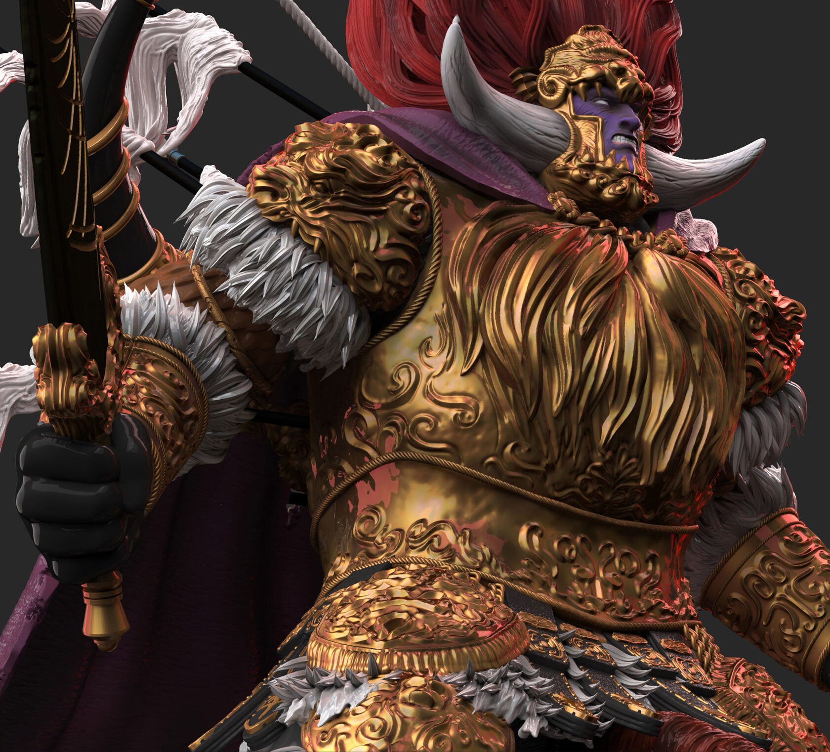 Detailed armor with gold and purple accents on a dark background