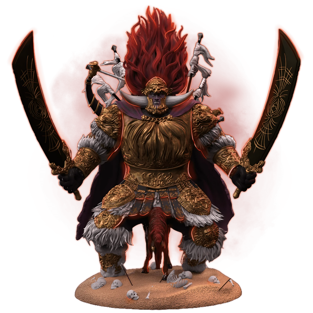 Statue of a warrior with fiery hair and dual swords on a white background