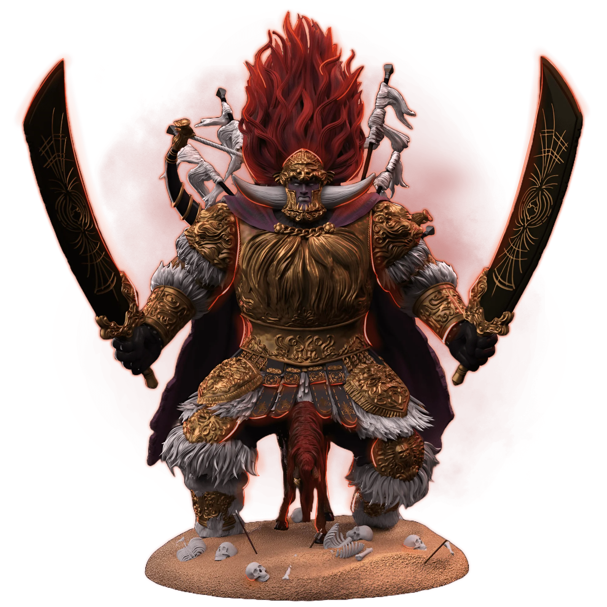 Statue of a warrior with fiery hair and dual swords on a white background