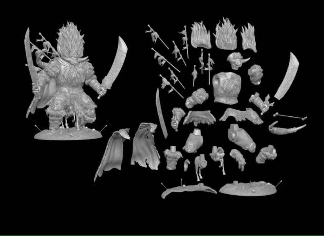 Collection of miniature figurines and parts on a black background