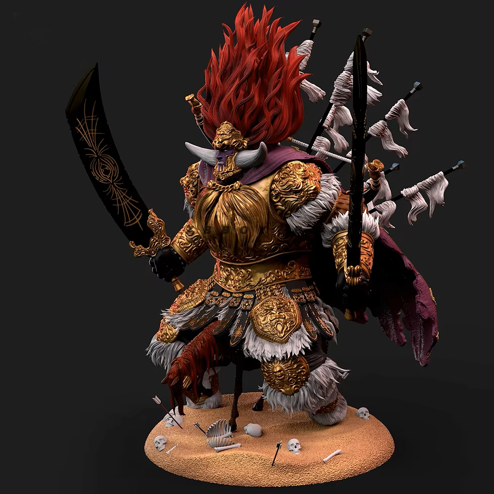 Warrior figurine with red hair and gold armor on a dark background