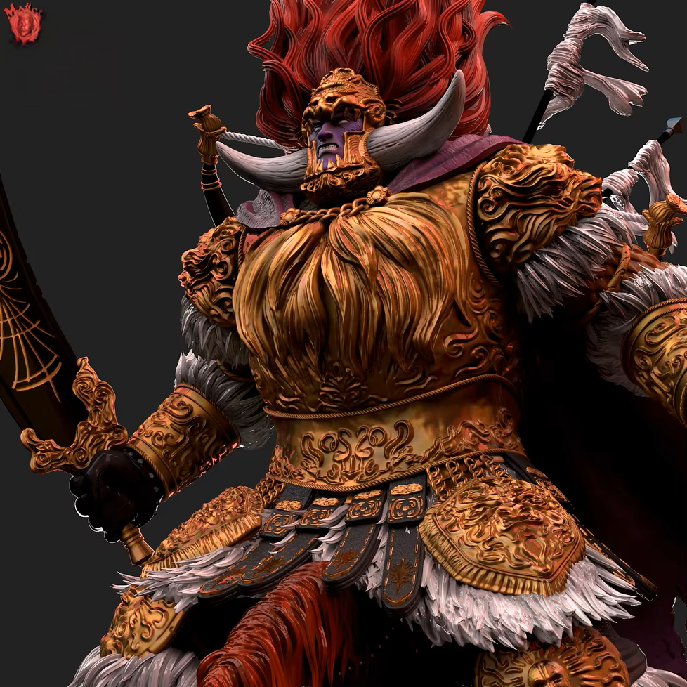 Detailed fantasy warrior statue with ornate armor and red hair on a dark background