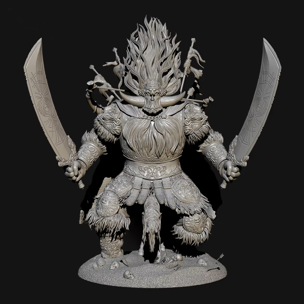 Gray-scale figurine of a warrior with armor and two swords on a black background