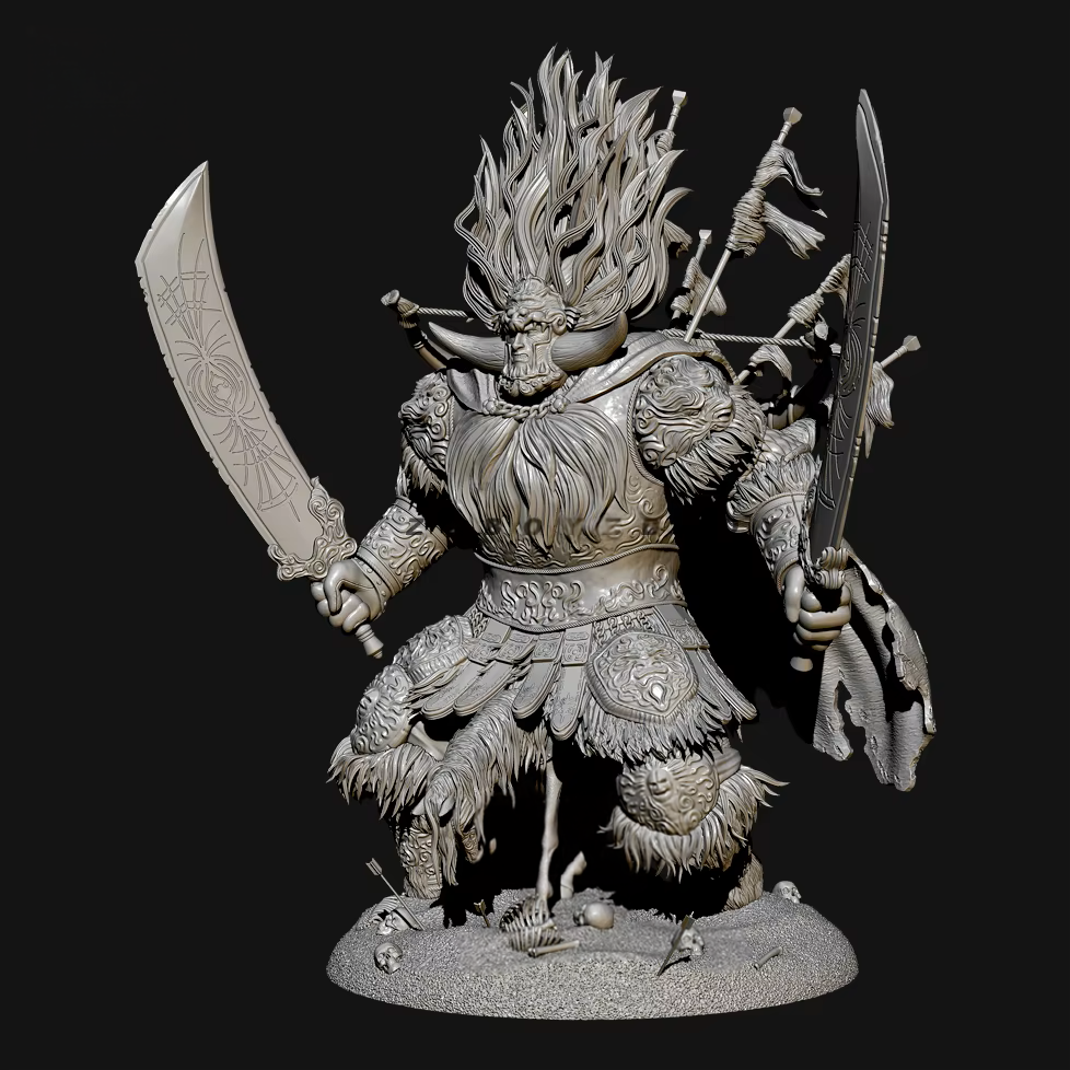 Warrior figurine with armor and weapons on a black background