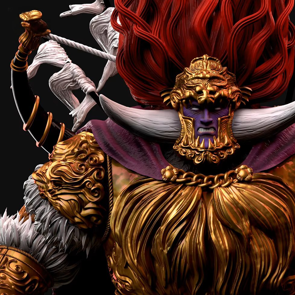 Detailed illustration of a warrior with red hair, gold armor, and a dark background