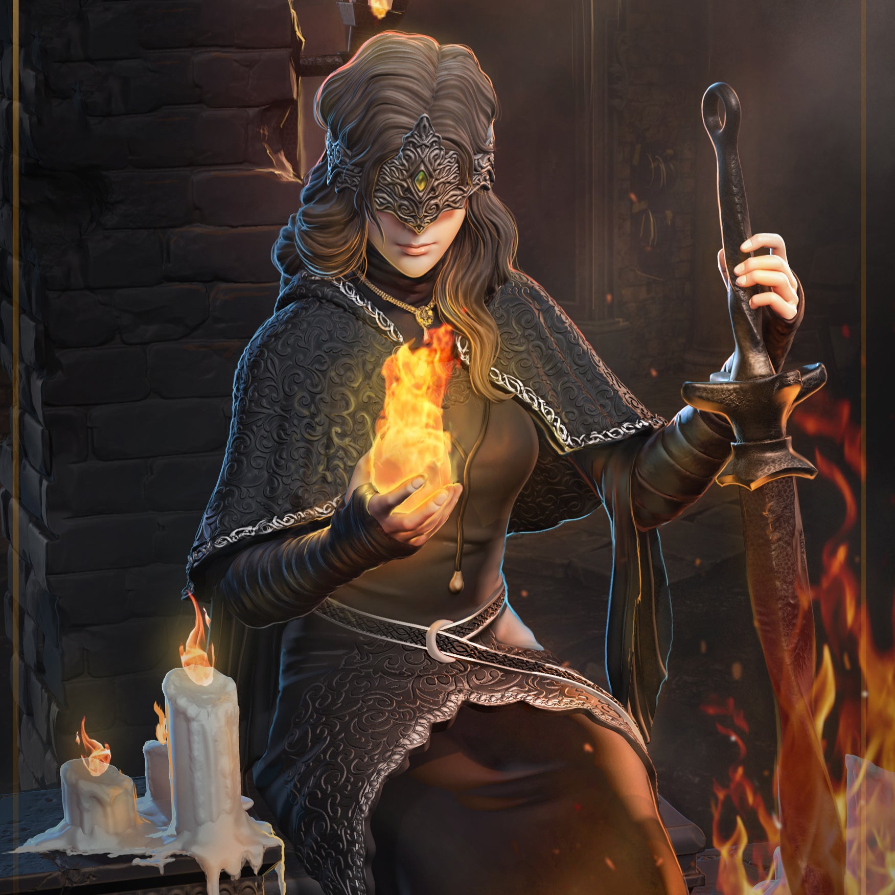 Character in dark robes holding a glowing orb and a sword, with candles and flames in the background.