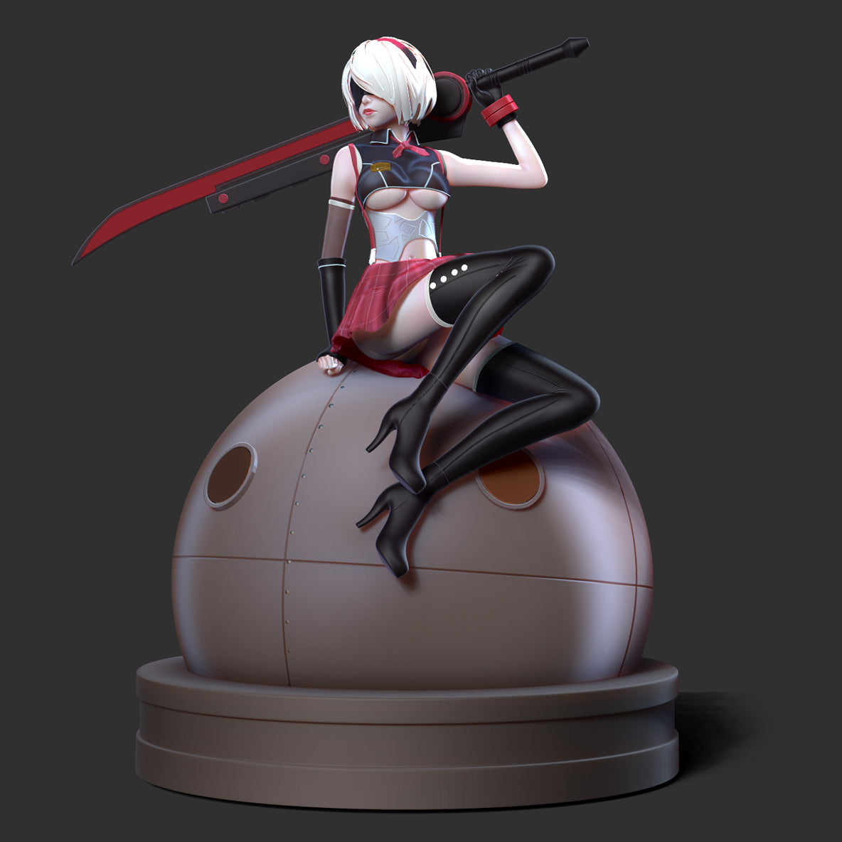 A 3D-rendered figurine of a female anime-style character with white hair and a red-and-black outfit, posed on top of a large round brown dome structure with a matching base. She holds a long red-and-black sword over her shoulder against a dark gray background.