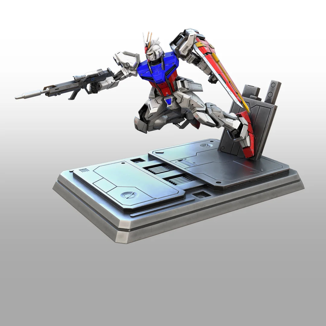 Mechanical robot figure on a gray platform with a white background