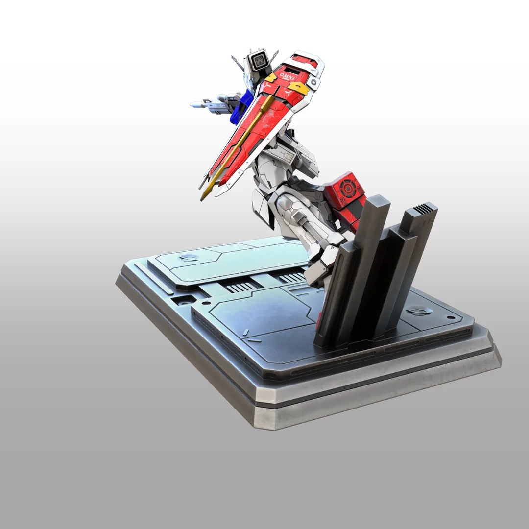 Toy robot model on a gray platform with a white background