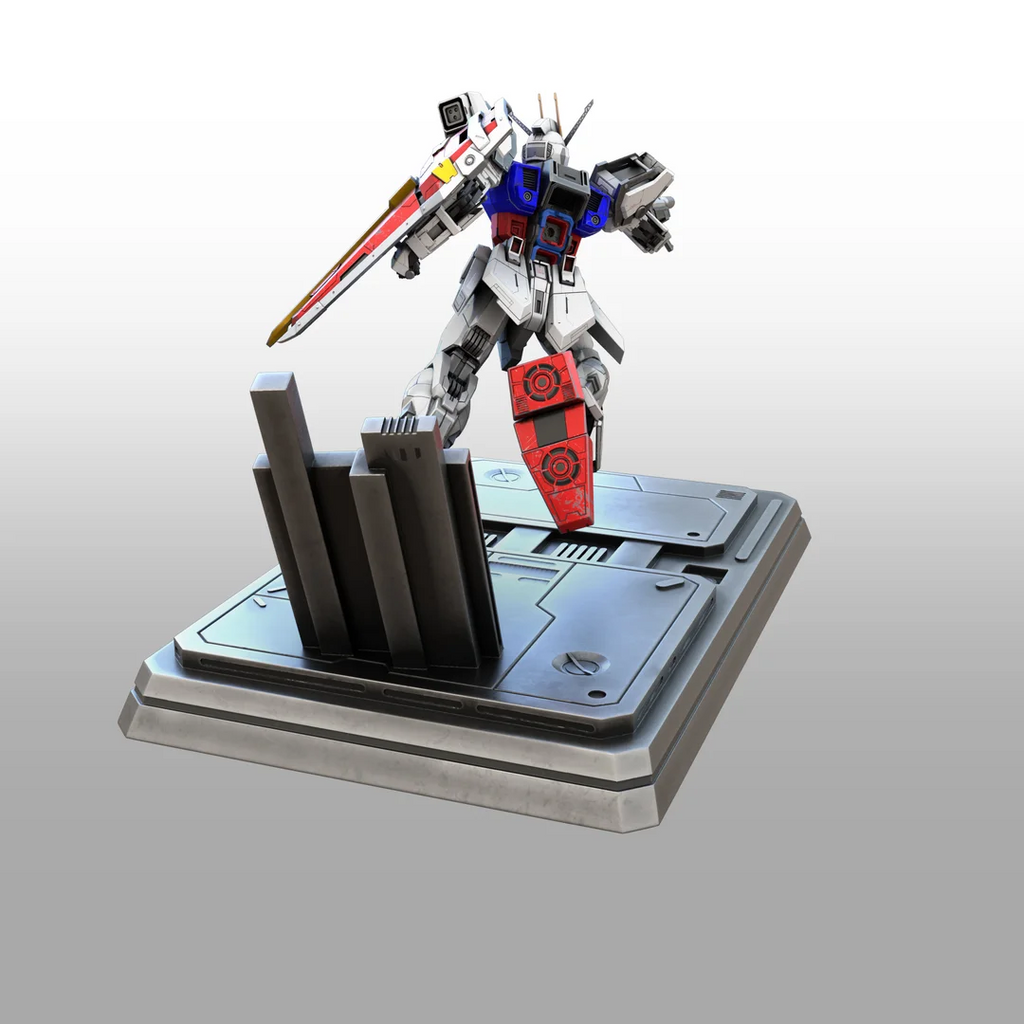 Robot model on a display stand with a gray background