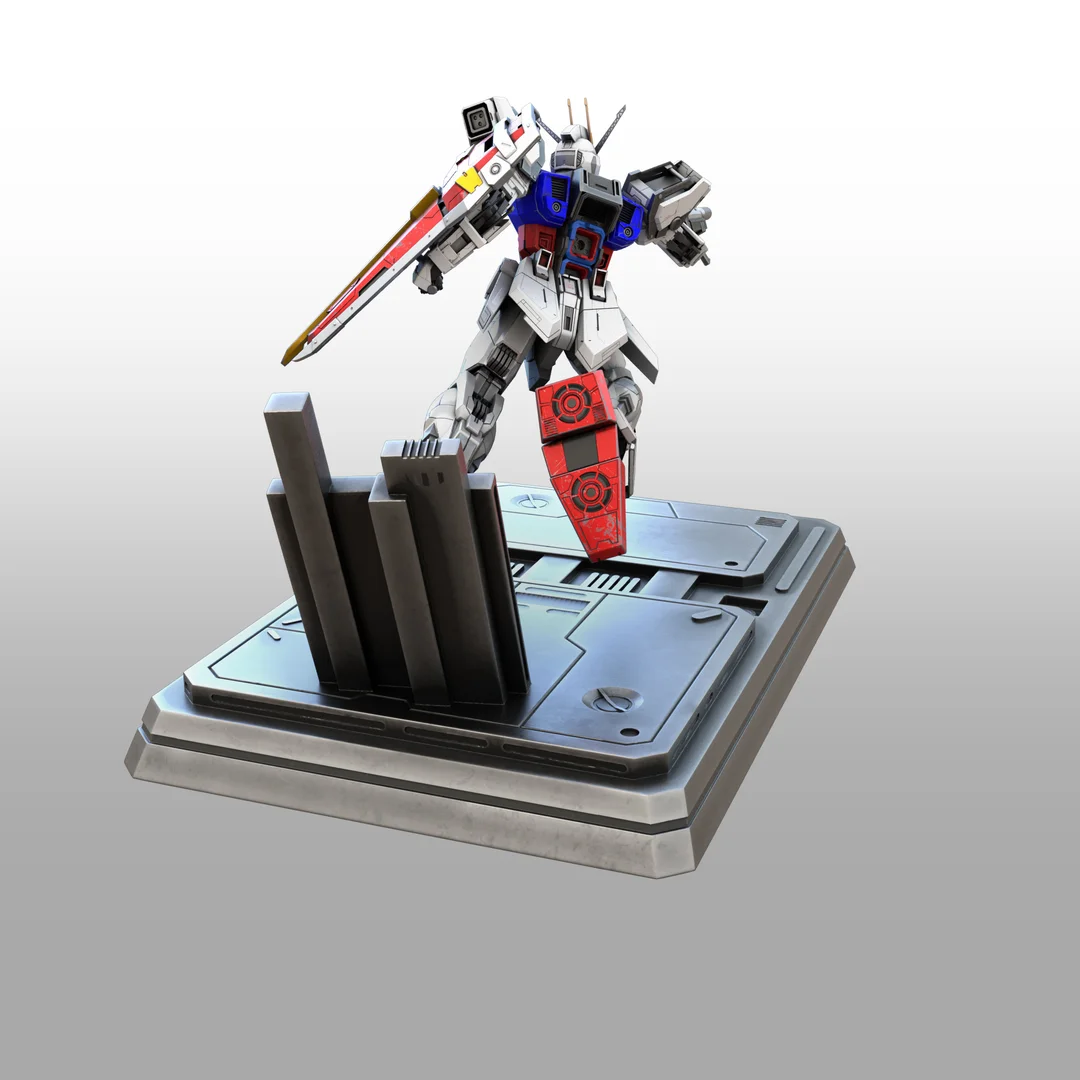 Robot model on a display stand with a gray background