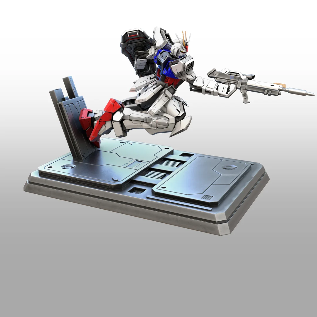 Model kit of a robot on a gray platform with a white background