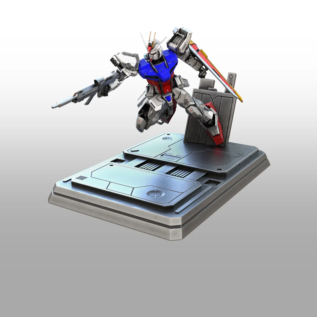 Mechanical robot figure on a gray platform with a white background