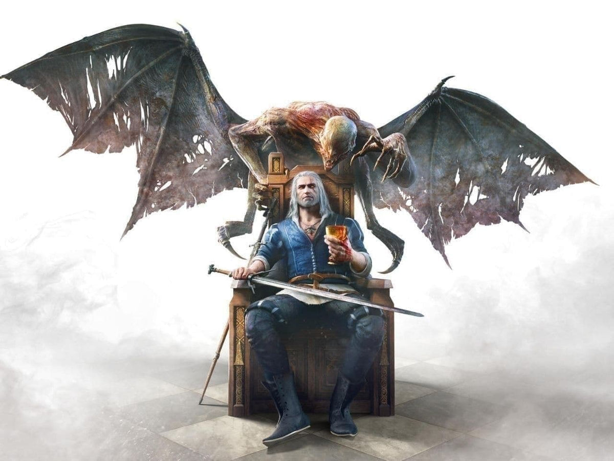 A fantasy-style artwork showing a seated man in blue clothing holding a sword and a glass, with a large winged creature looming behind him on a throne against a misty white background.