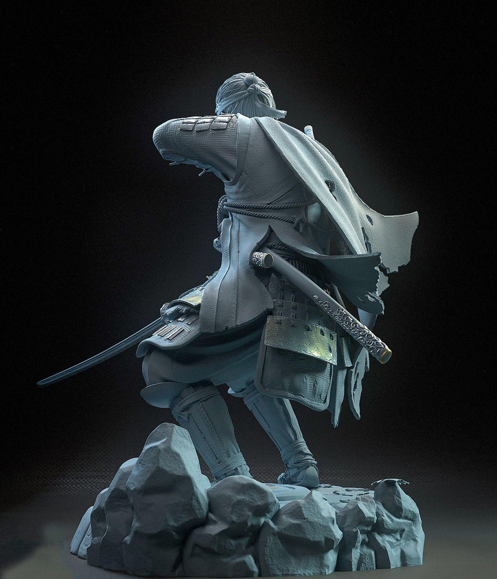 Statue of a warrior on a rock with a dark background