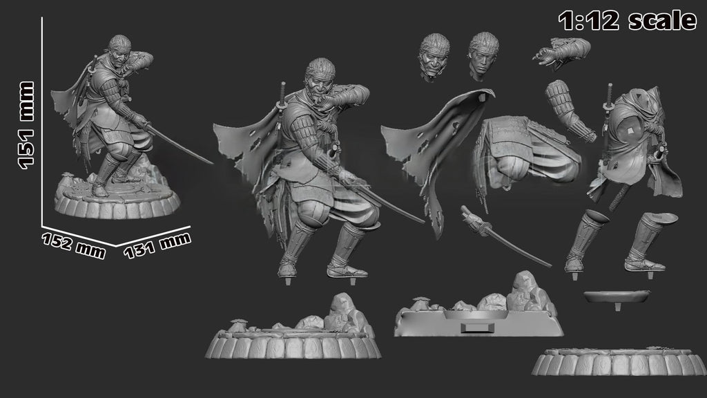 Scale model kit of a warrior figure with parts on a black background