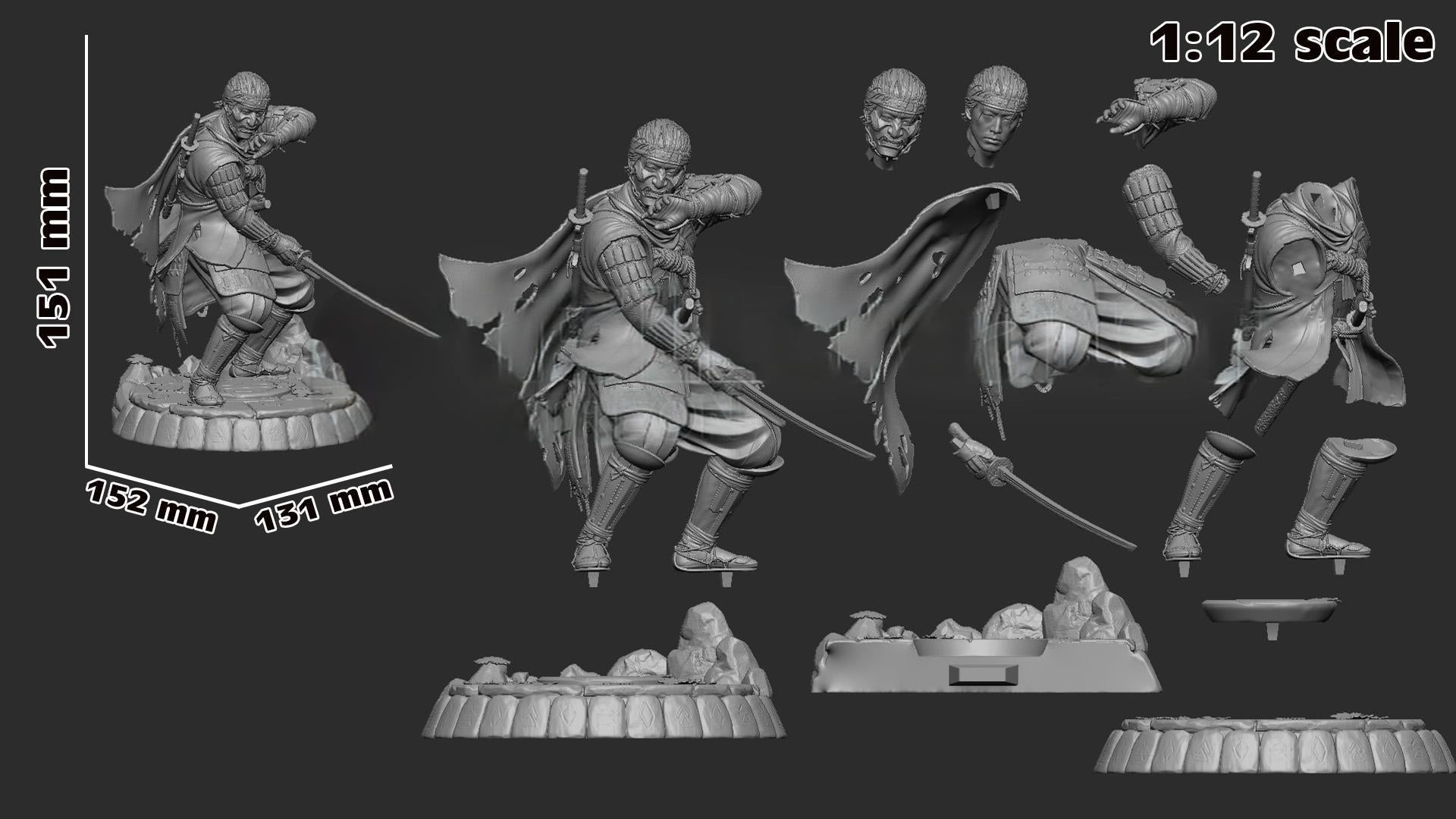 Scale model kit of a warrior figure with parts on a black background