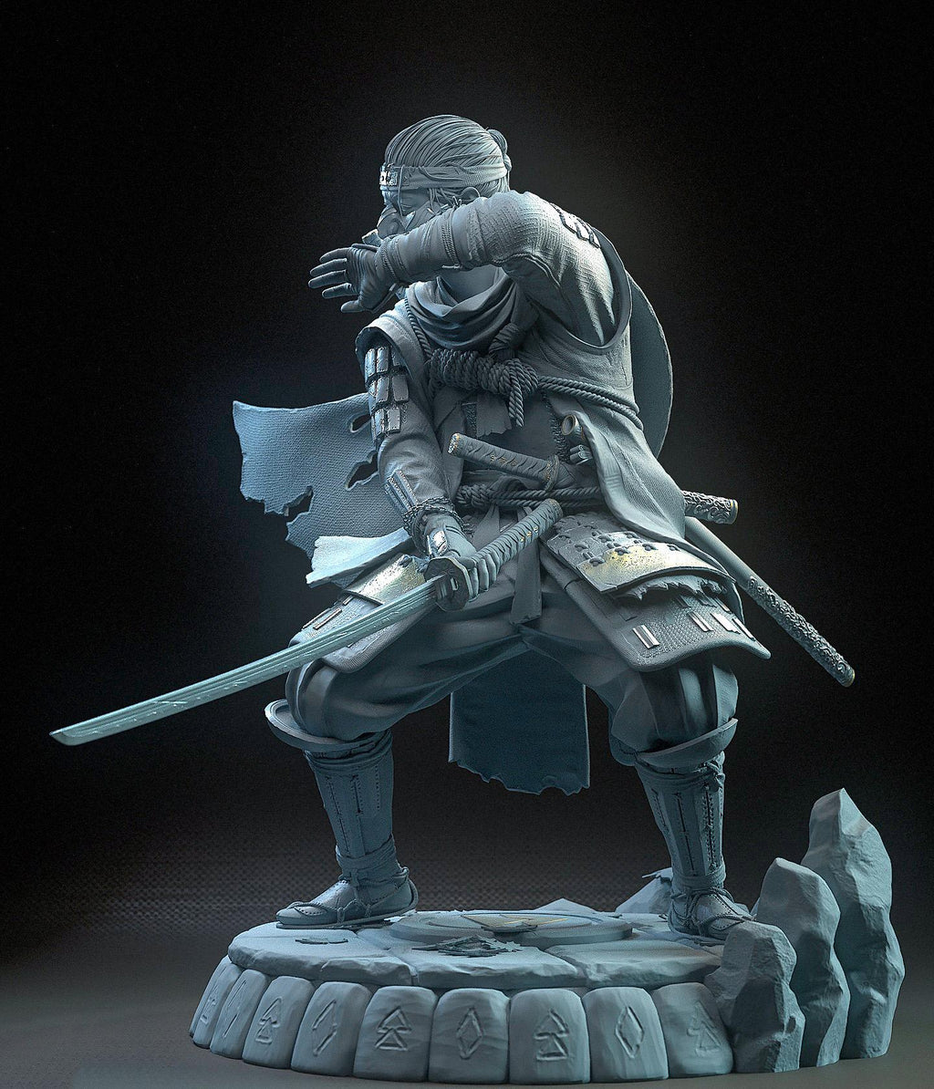 Statue of a warrior with armor and a sword on a dark background
