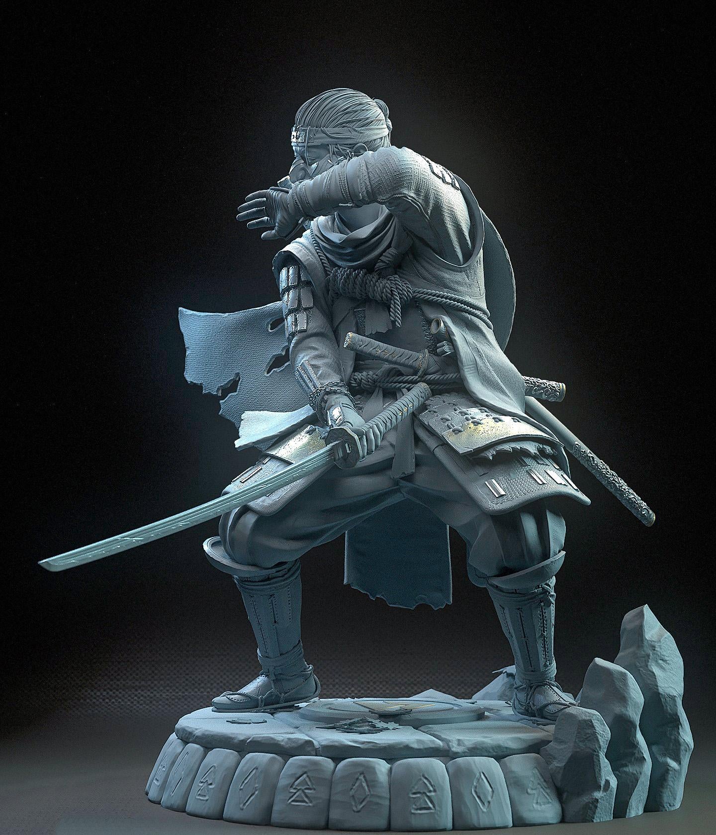 Statue of a warrior with armor and a sword on a dark background