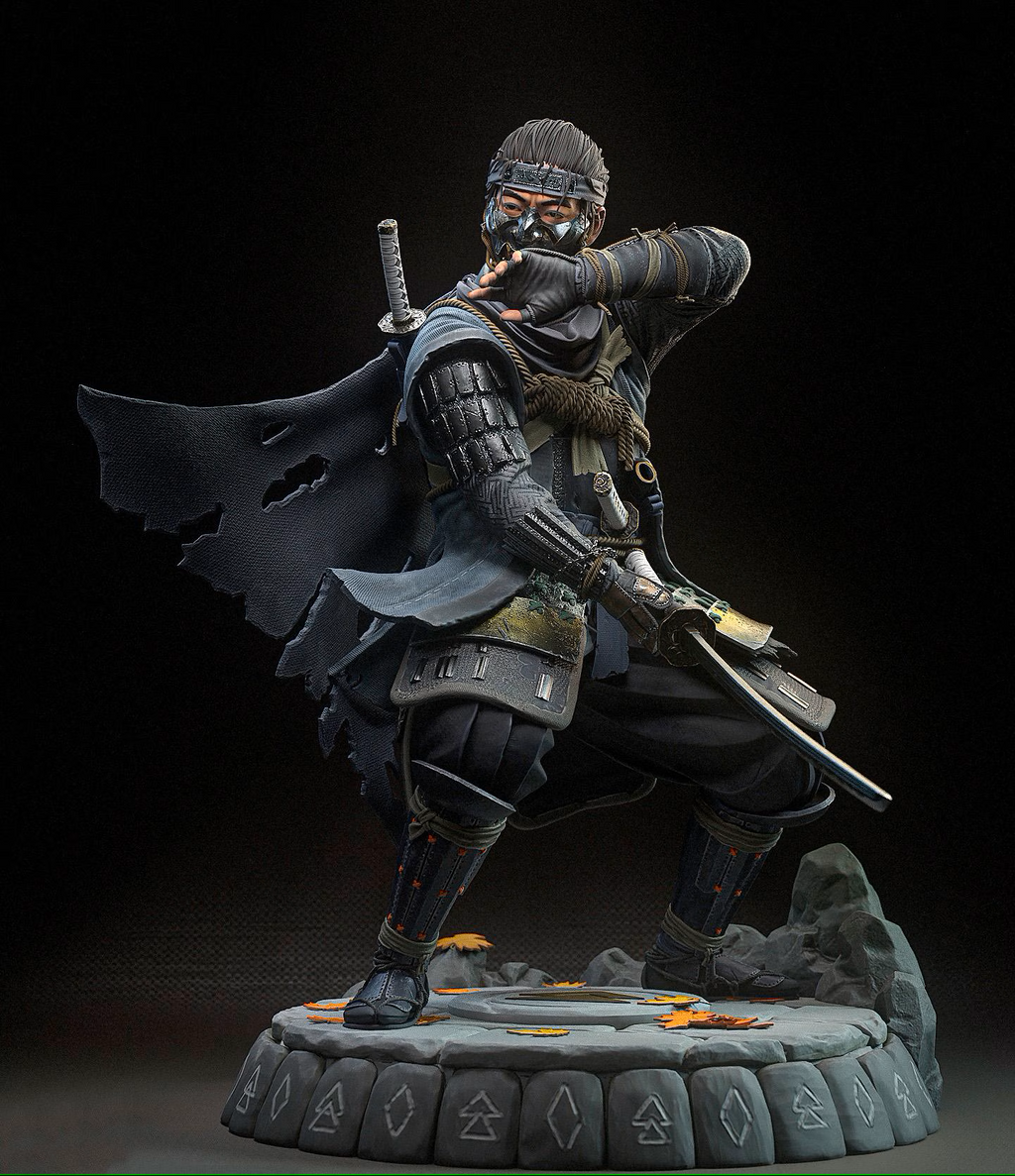 Statue of a warrior in dark armor with a sword on a dark background