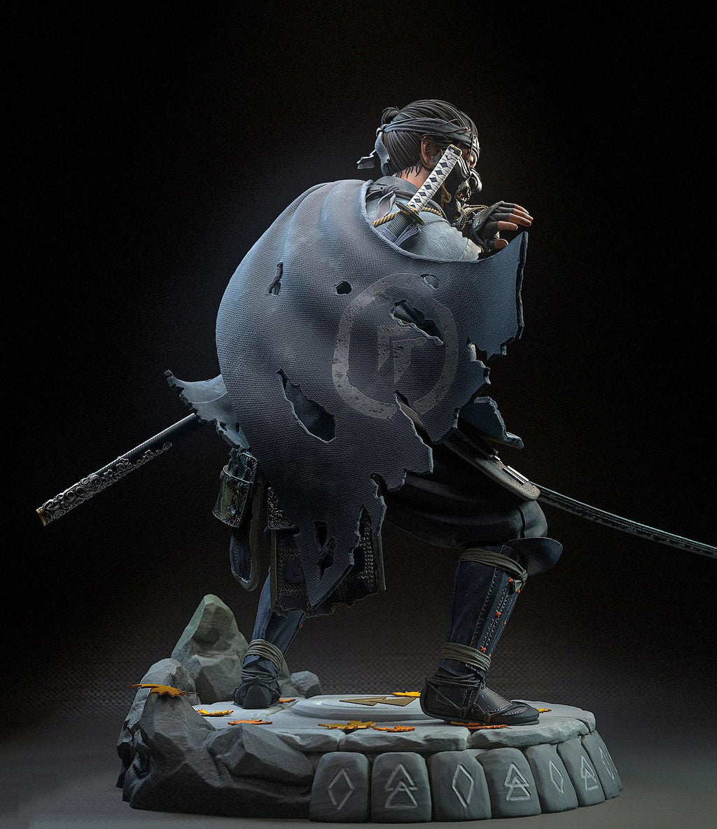 Statue of a warrior with a large skull on a dark background