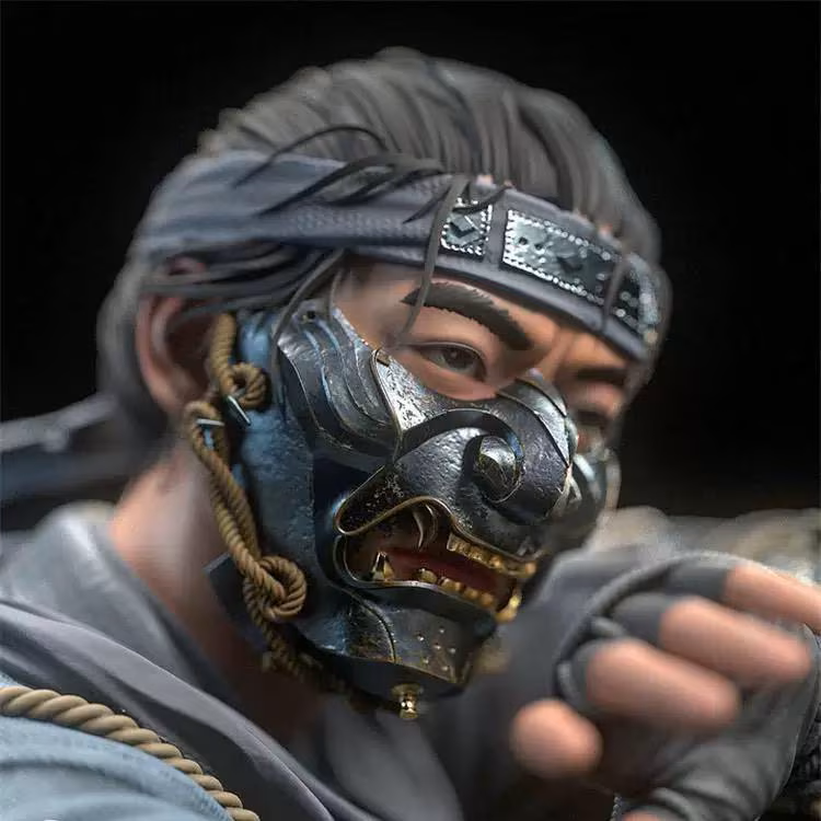 Person wearing a detailed mask with a dark background