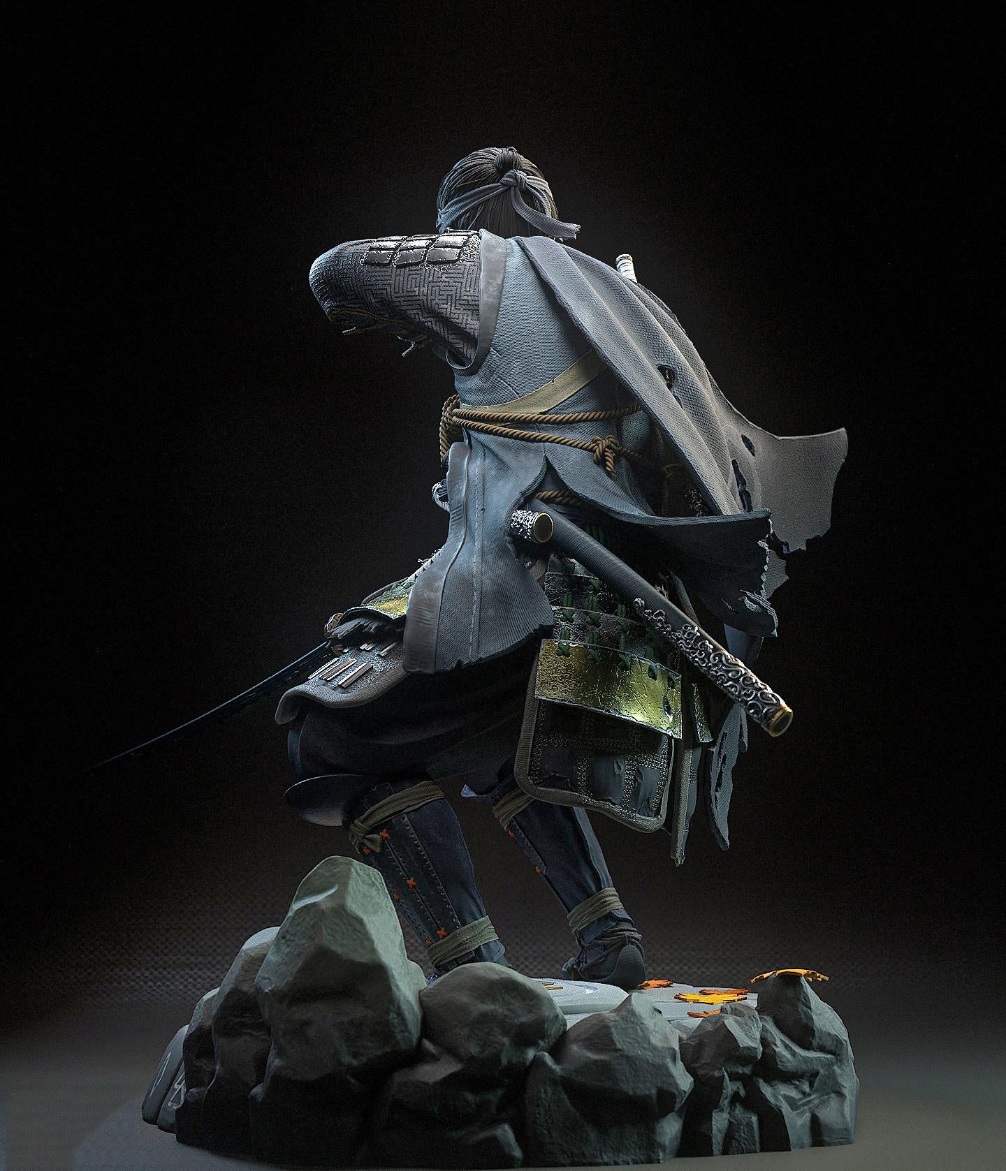 Statue of a samurai on a dark background