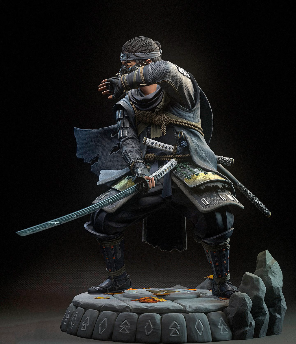 Statue of a samurai warrior with a sword on a dark background