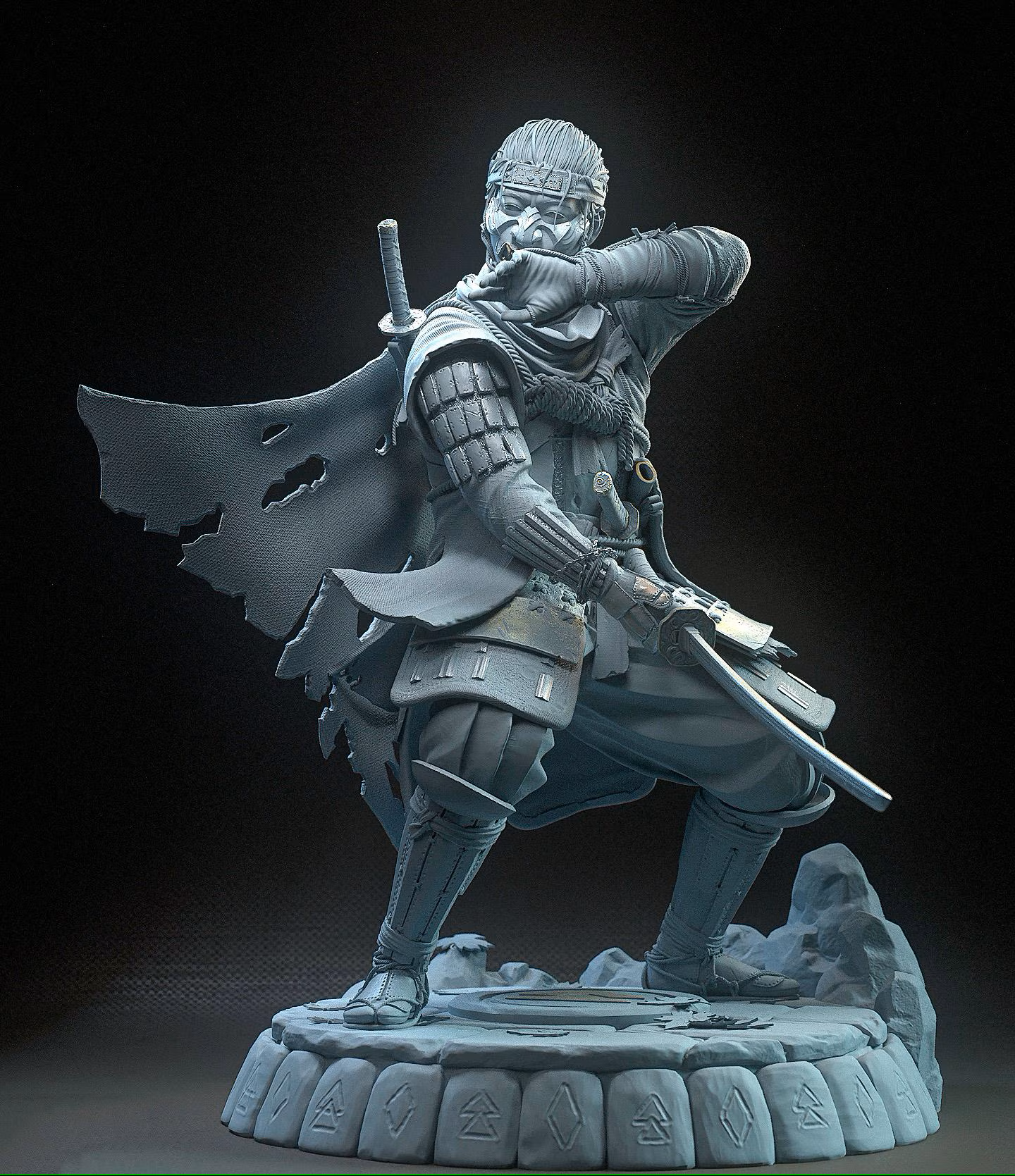 Gray warrior figurine with armor and cape on a dark background