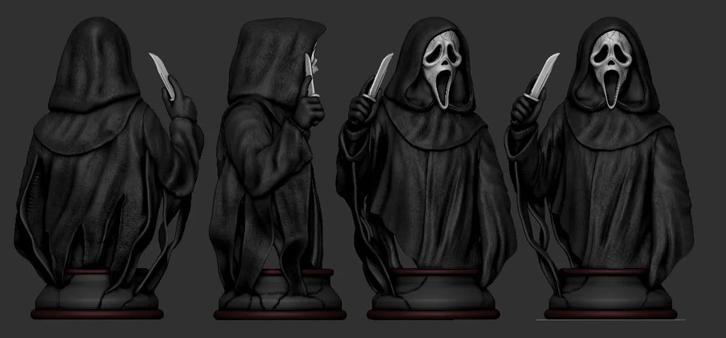 Four views of a character in a black hooded outfit with a mask holding a knife on a dark background.