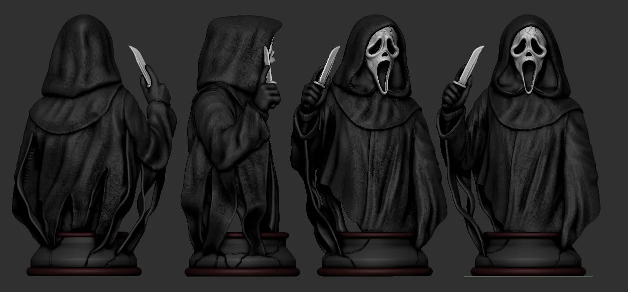 Four views of a character in a black hooded outfit with a mask holding a knife on a dark background.