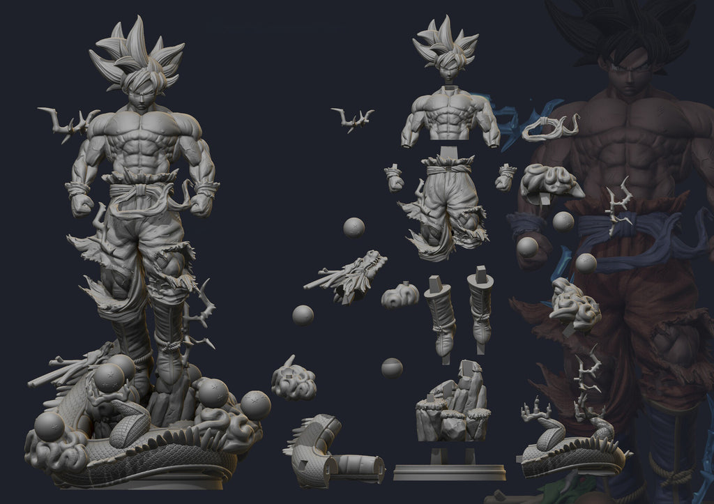 Stylized figure of a muscular character with parts detached on a dark background
