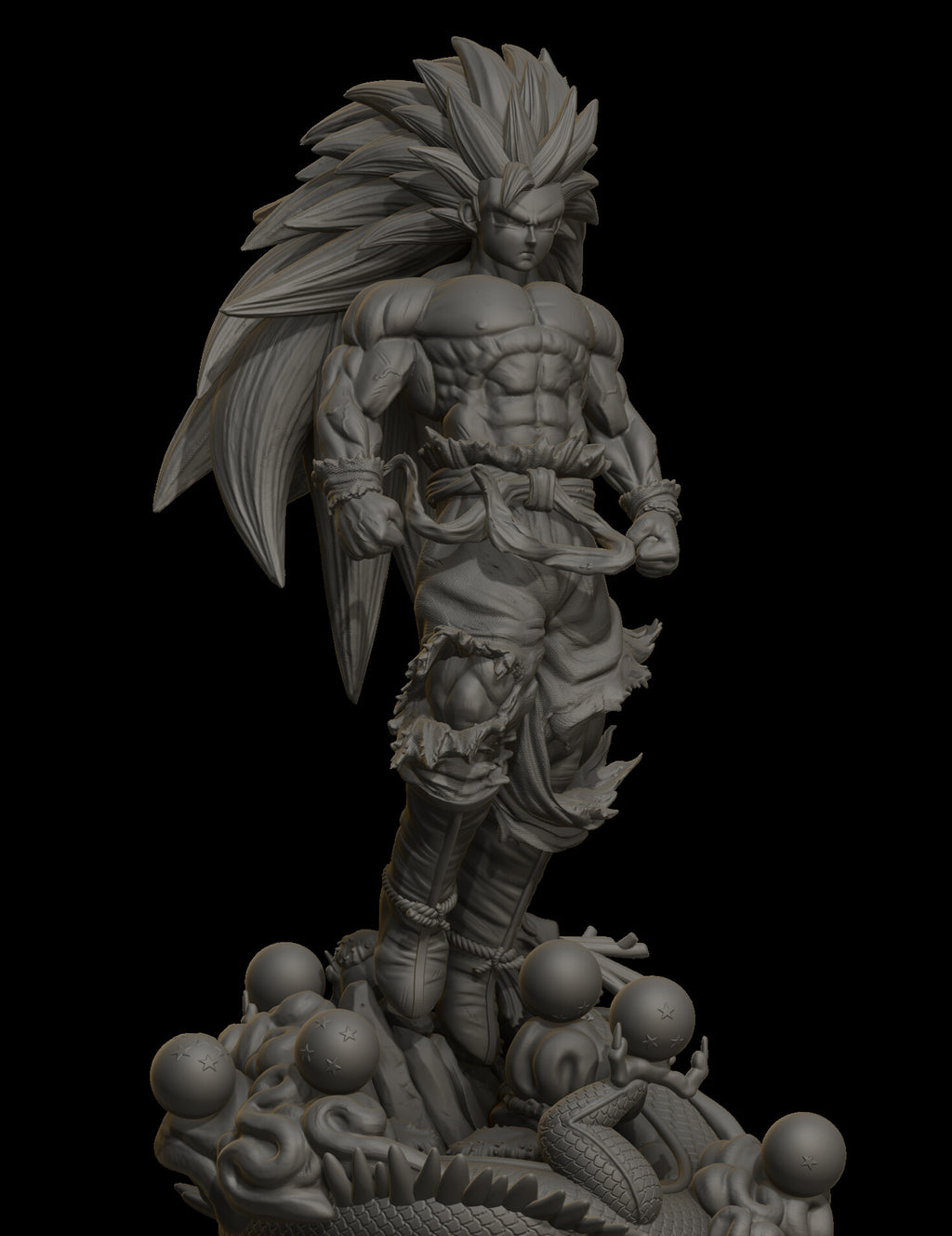 Gray-scale sculpture of a muscular character with spiky hair on a transparent background