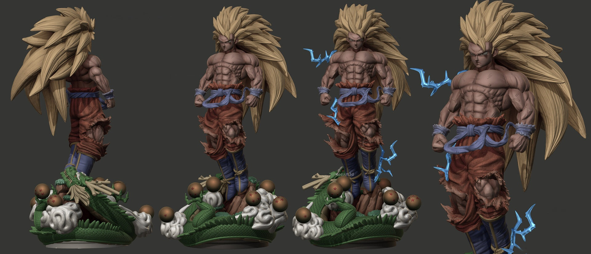 Four views of a muscular character with spiky hair on a dark background
