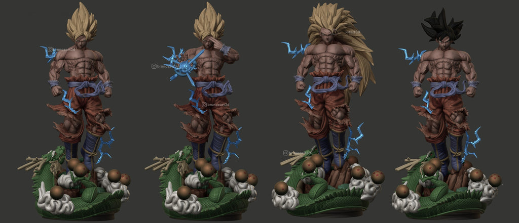 Four poses of a muscular character with spiky hair on a dark background