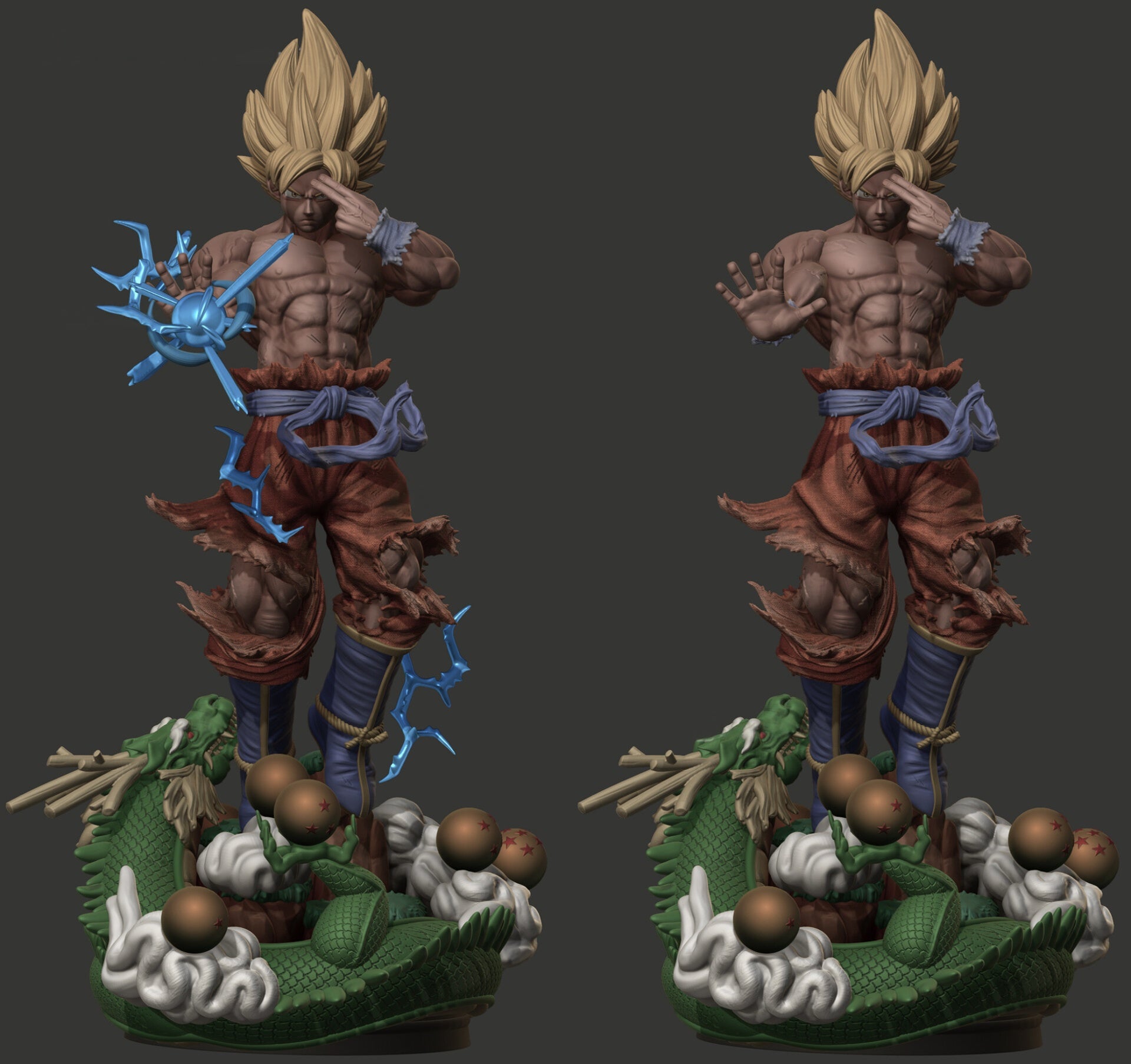 Two identical figurines of a muscular character with spiky hair on a dark background