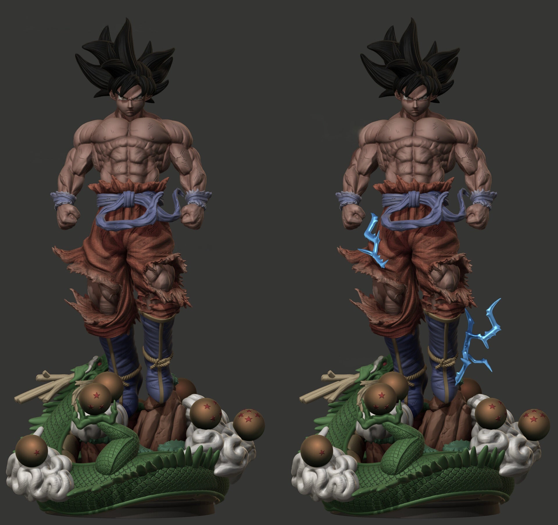 Two identical figurines of a muscular character on a dark background