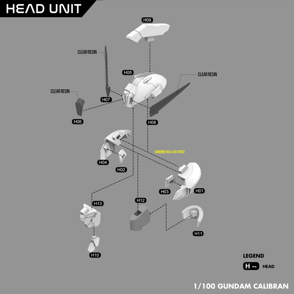 Diagram of Gundam Caliban head unit assembly on a gray background