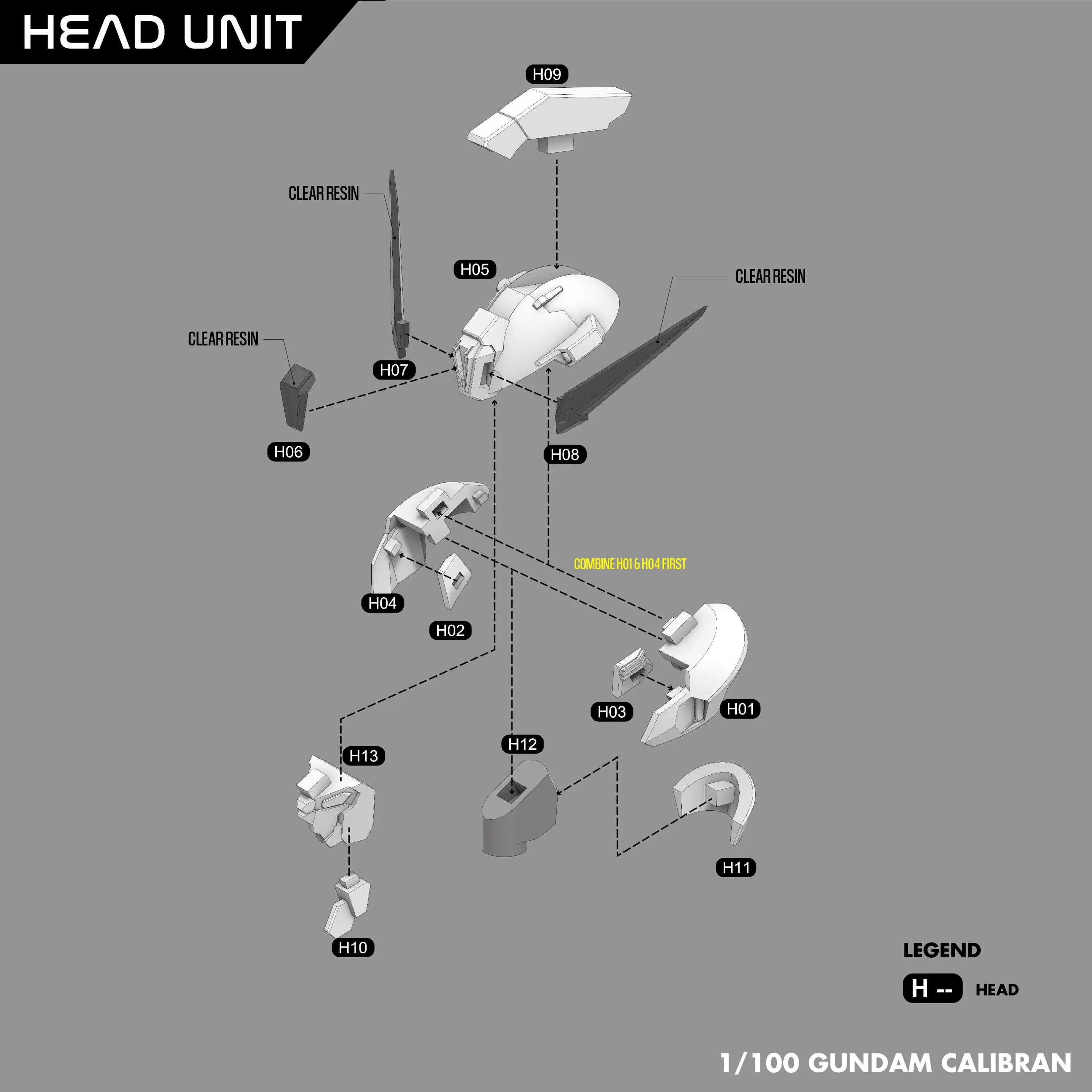 Diagram of Gundam Caliban head unit assembly on a gray background