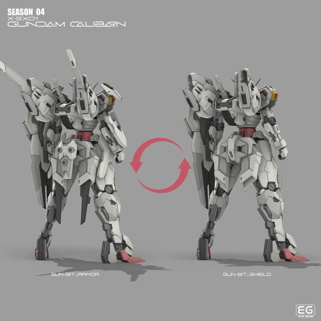 Two robot models with a red circle in the center on a gray background, featuring the text 'SEASON 04 GUNDAM CALIBARN' and 'EG'.