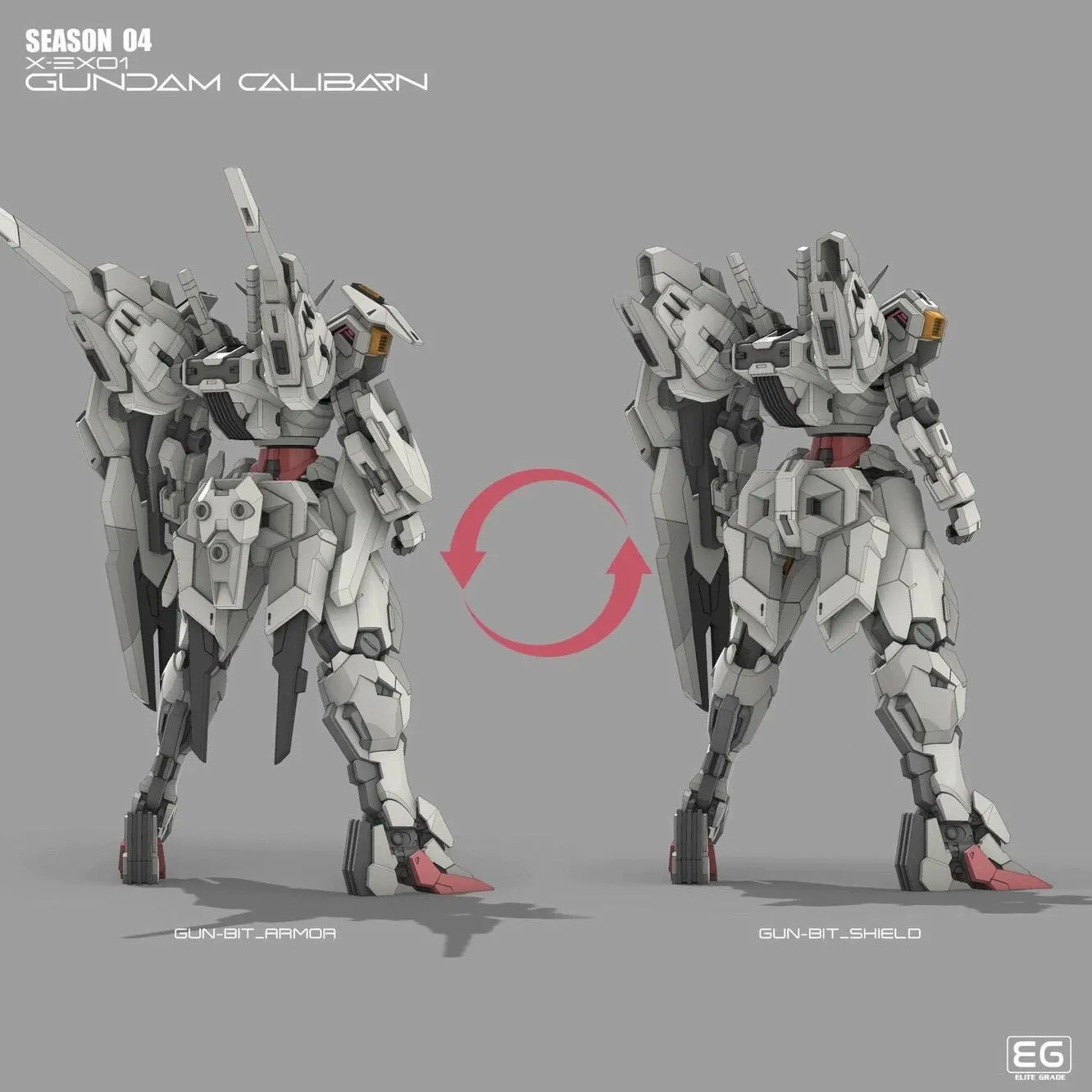 Two robot models with a red circle in the center on a gray background, featuring the text 'SEASON 04 GUNDAM CALIBARN' and 'EG'.
