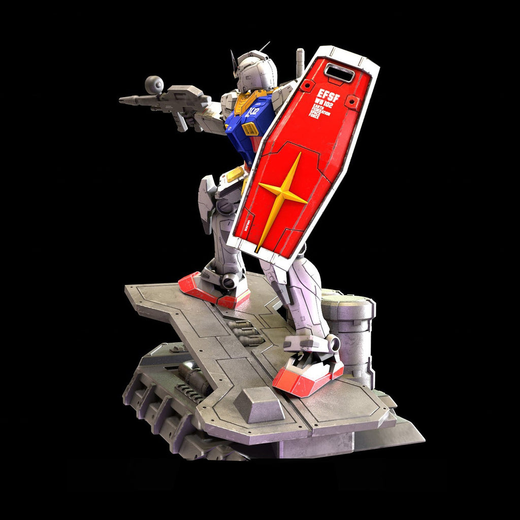 Model kit of a robot with a red and yellow shield on a black background