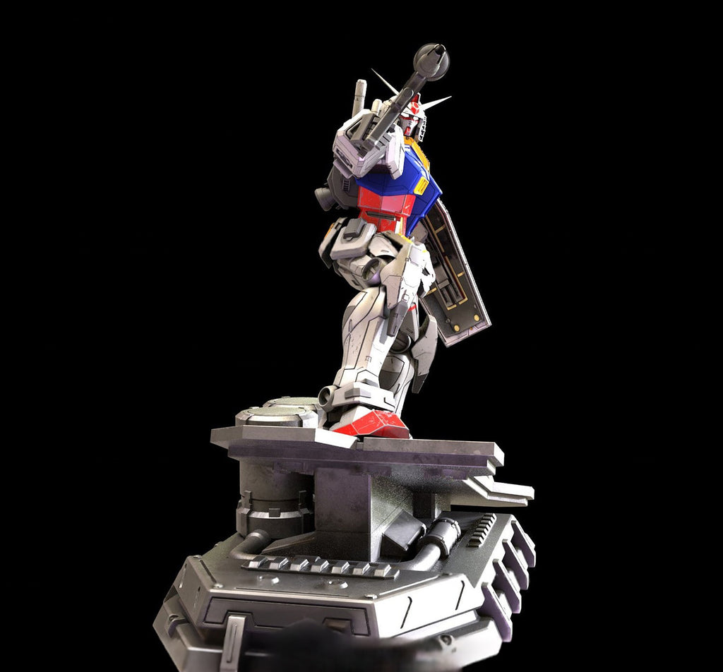 Model robot on a stand with a black background