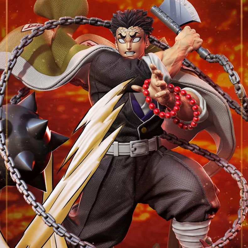 Action figure with a weapon and chains against a fiery background