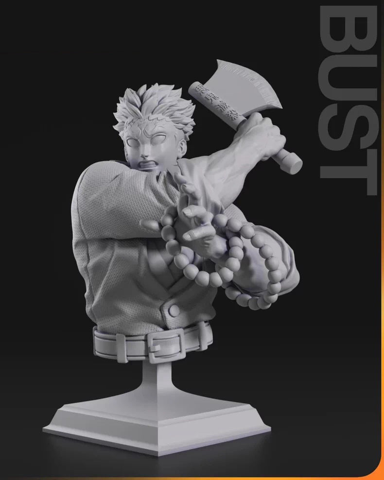 Statue bust of a character holding an axe on a black background